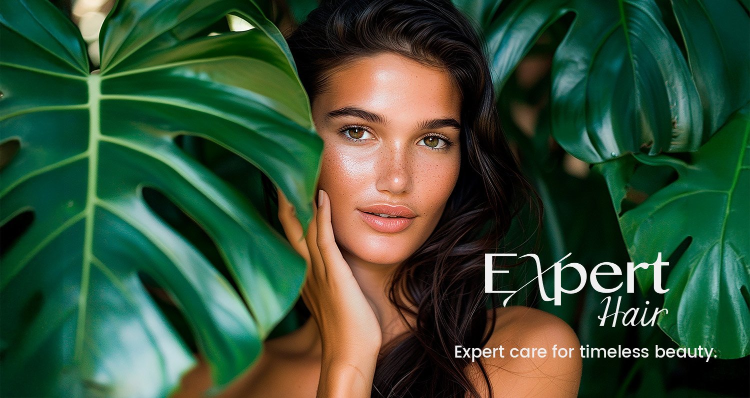 Retrato de uma mulher com pele clara, cabelos castanhos escuros e ondulados, cercada por grandes folhas verdes, com o texto "Expert Hair" e "Expert care for timeless beauty".