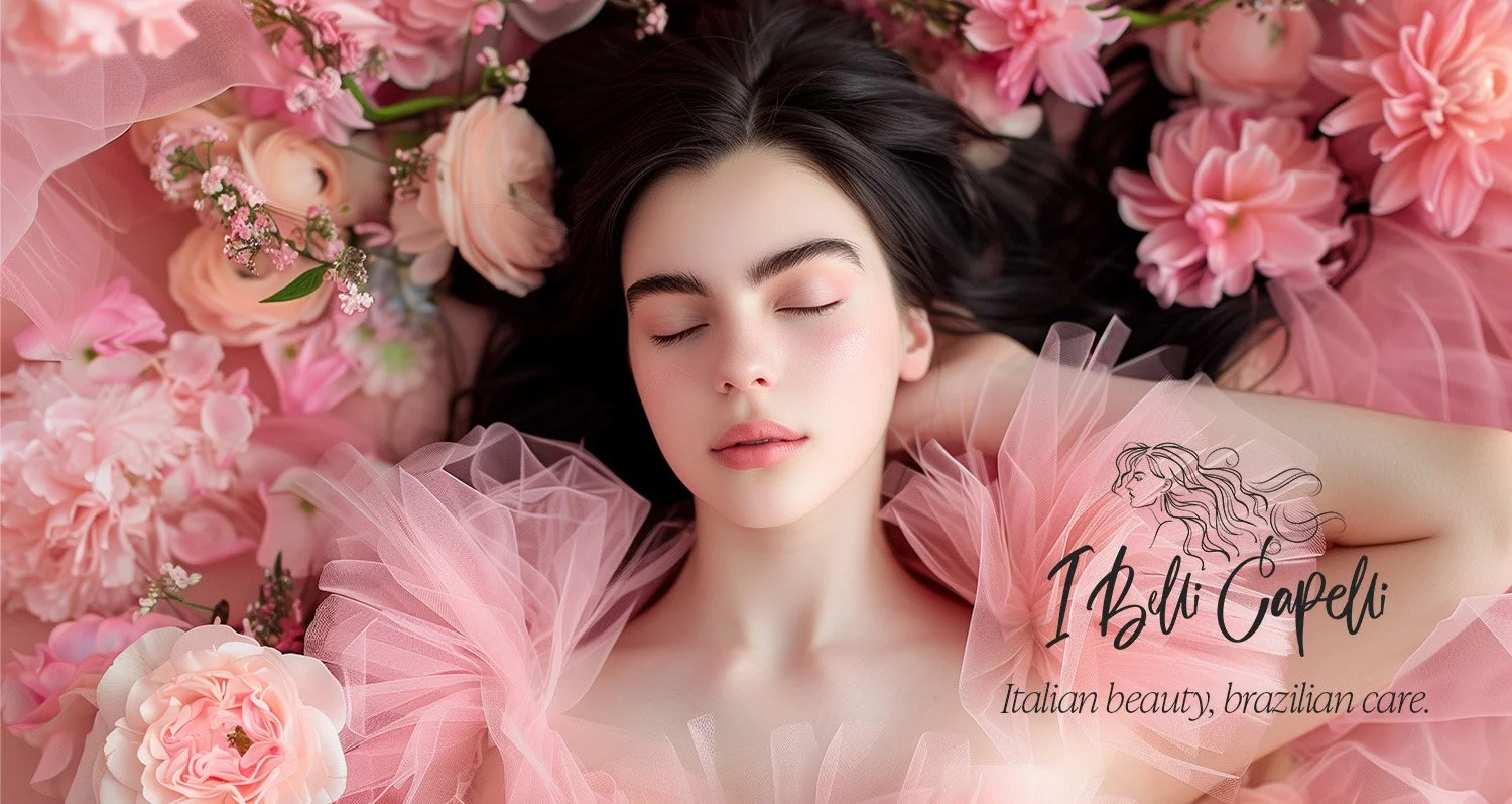 Mulher deitada com os olhos fechados, cercada de flores rosas e cor de pêssego, usando um vestido de tule rosa claro, promovendo beleza e cuidado brasileiro por I Babi Gabeldi.