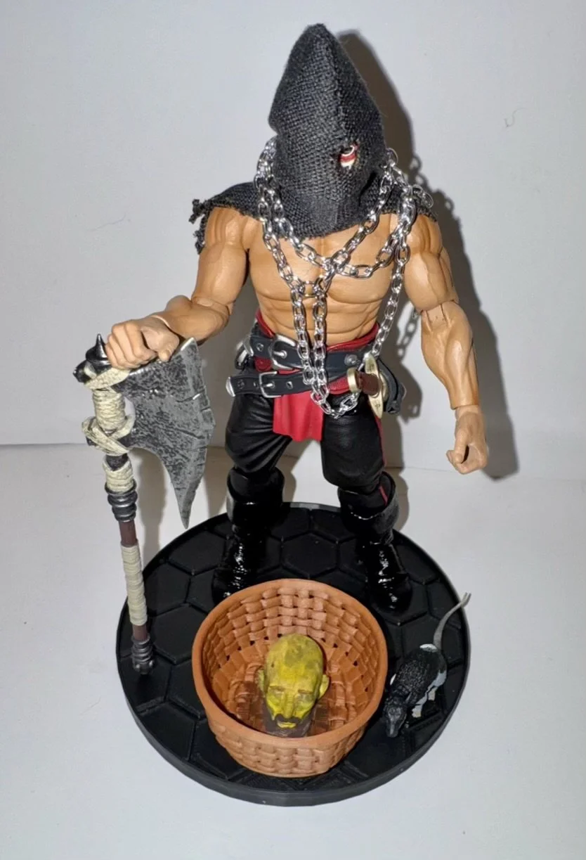 Mythic Legions Grym Out of box with chains stand basket and rat Close up