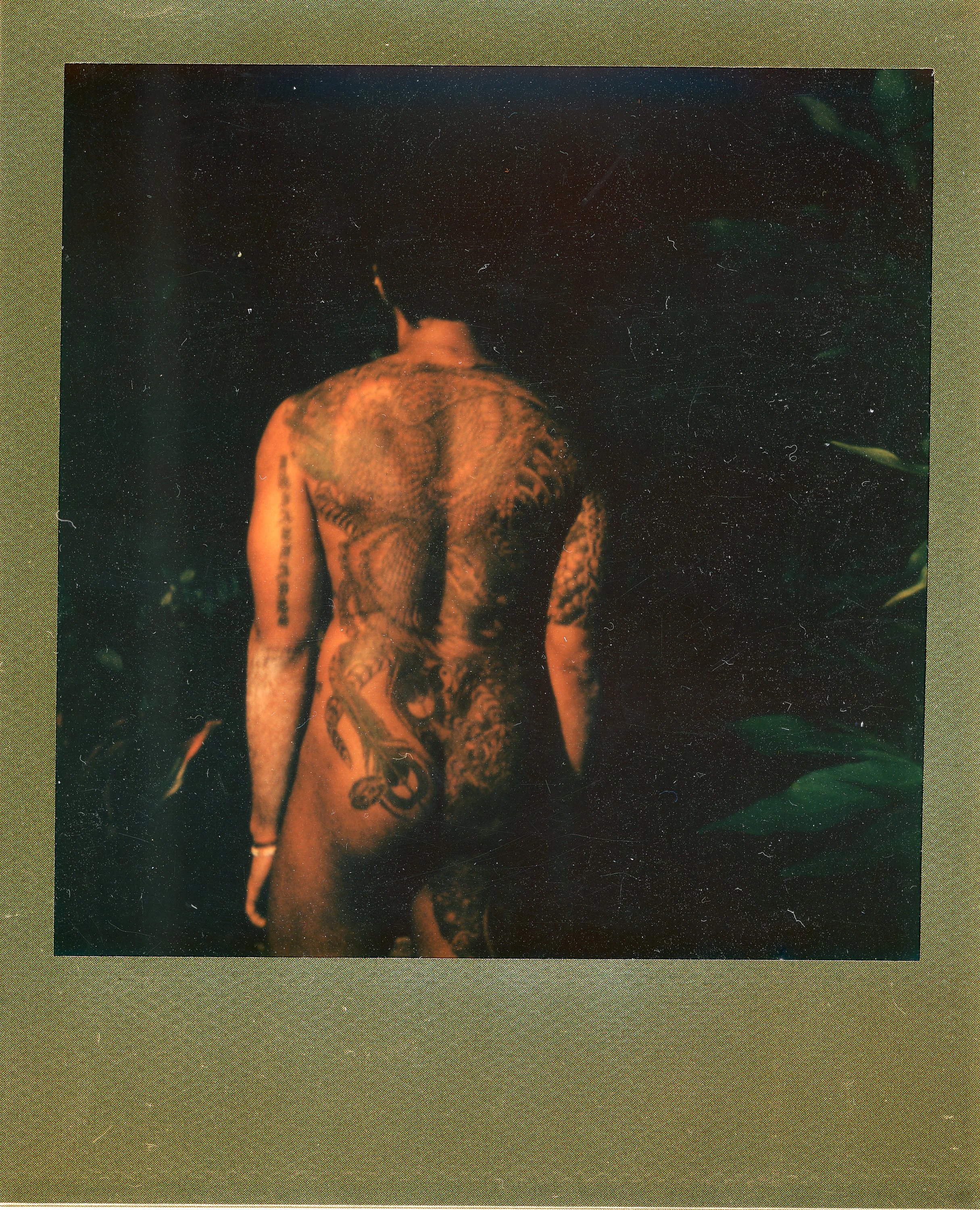 Back of a shirtless man with tattoos, facing away, standing against a dark background with some green leaves on the side.