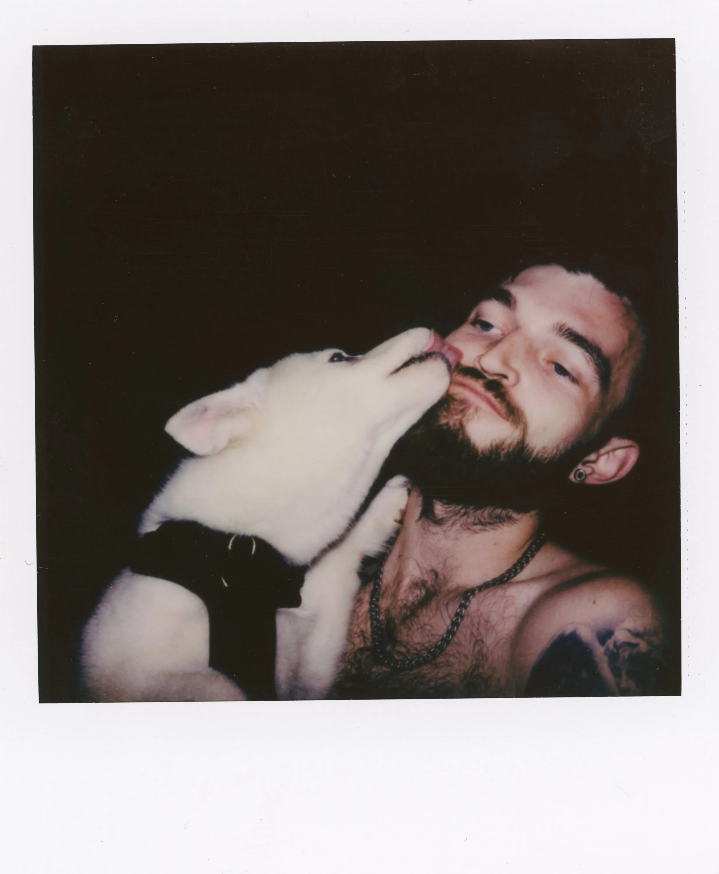 A shirtless man with facial hair and tattoos, wearing earrings, is being licked on the face by a puppy with white fur and a black collar. The background is dark.