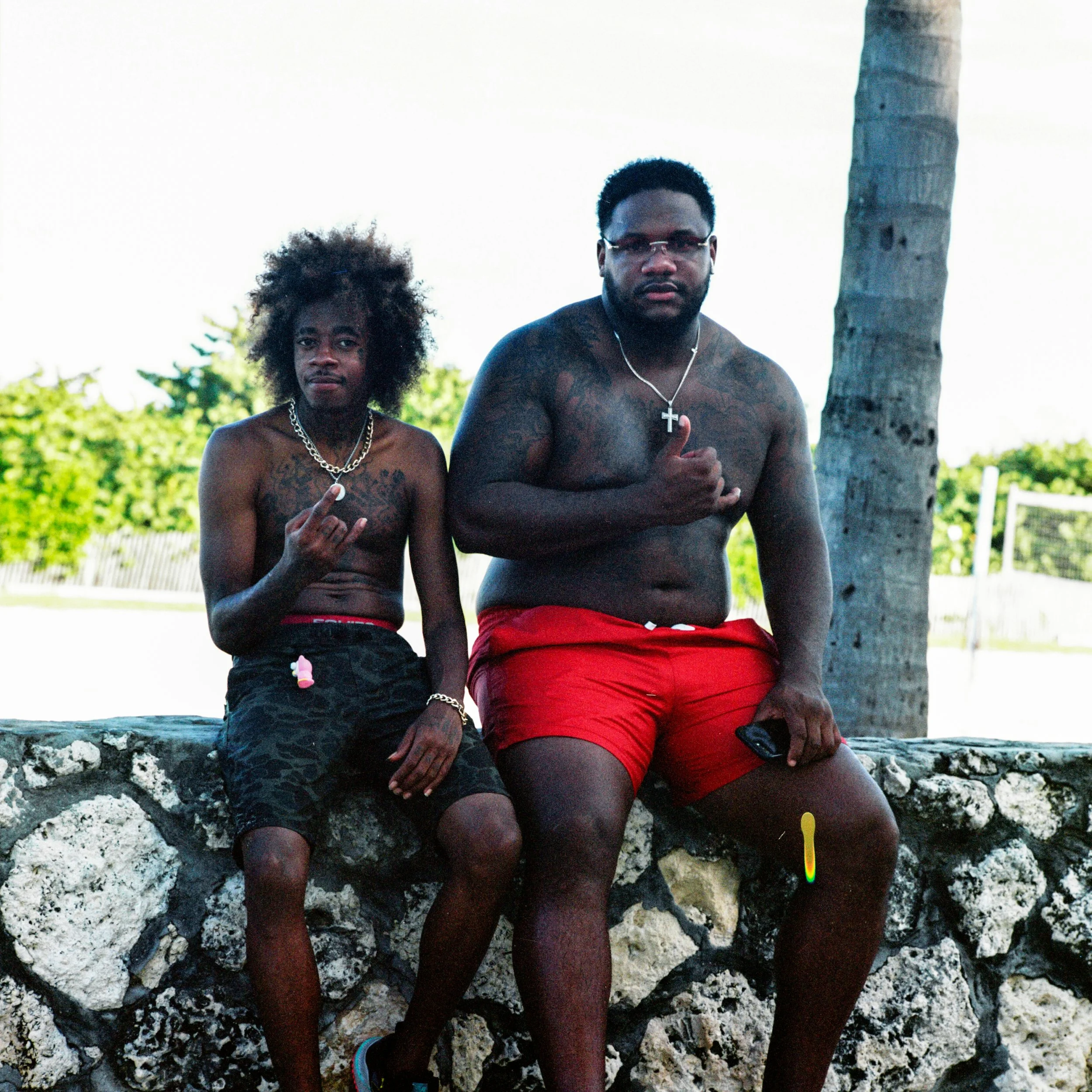 Two shirtless young men sitting on a stone wall outdoors, with trees and a palm tree in the background. They are making hand signs and wearing necklaces, with one holding a phone.
