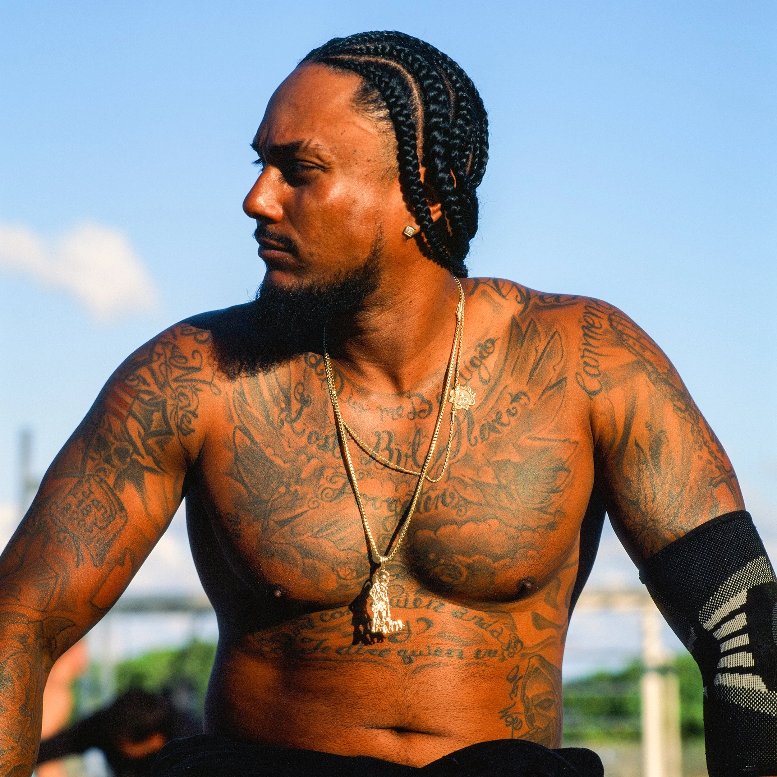 Tatted shirtless man with braided hair and gold jewelry, looking to the side outdoors.