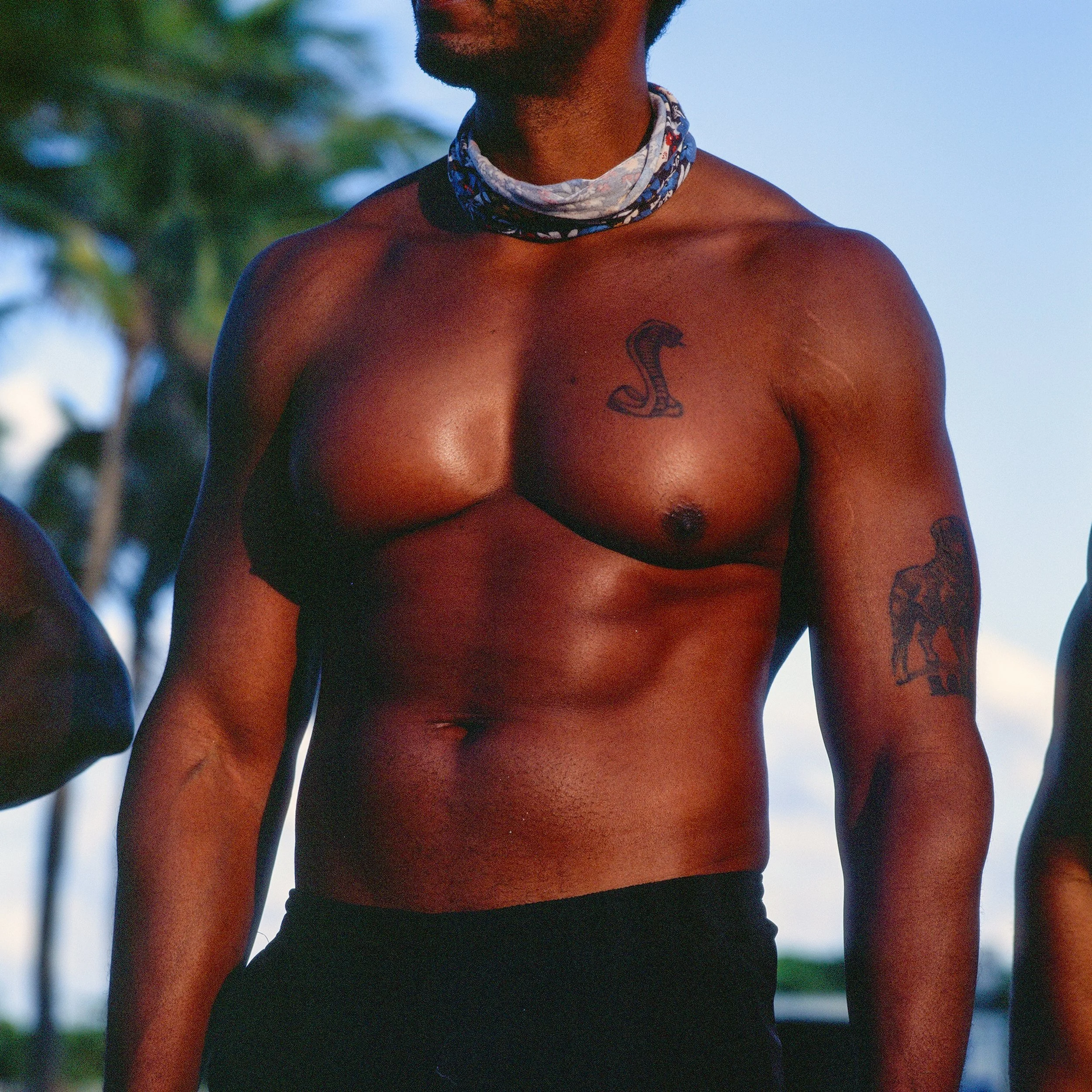 A shirtless person with tattoos, standing outdoors in front of palm trees and blue sky.