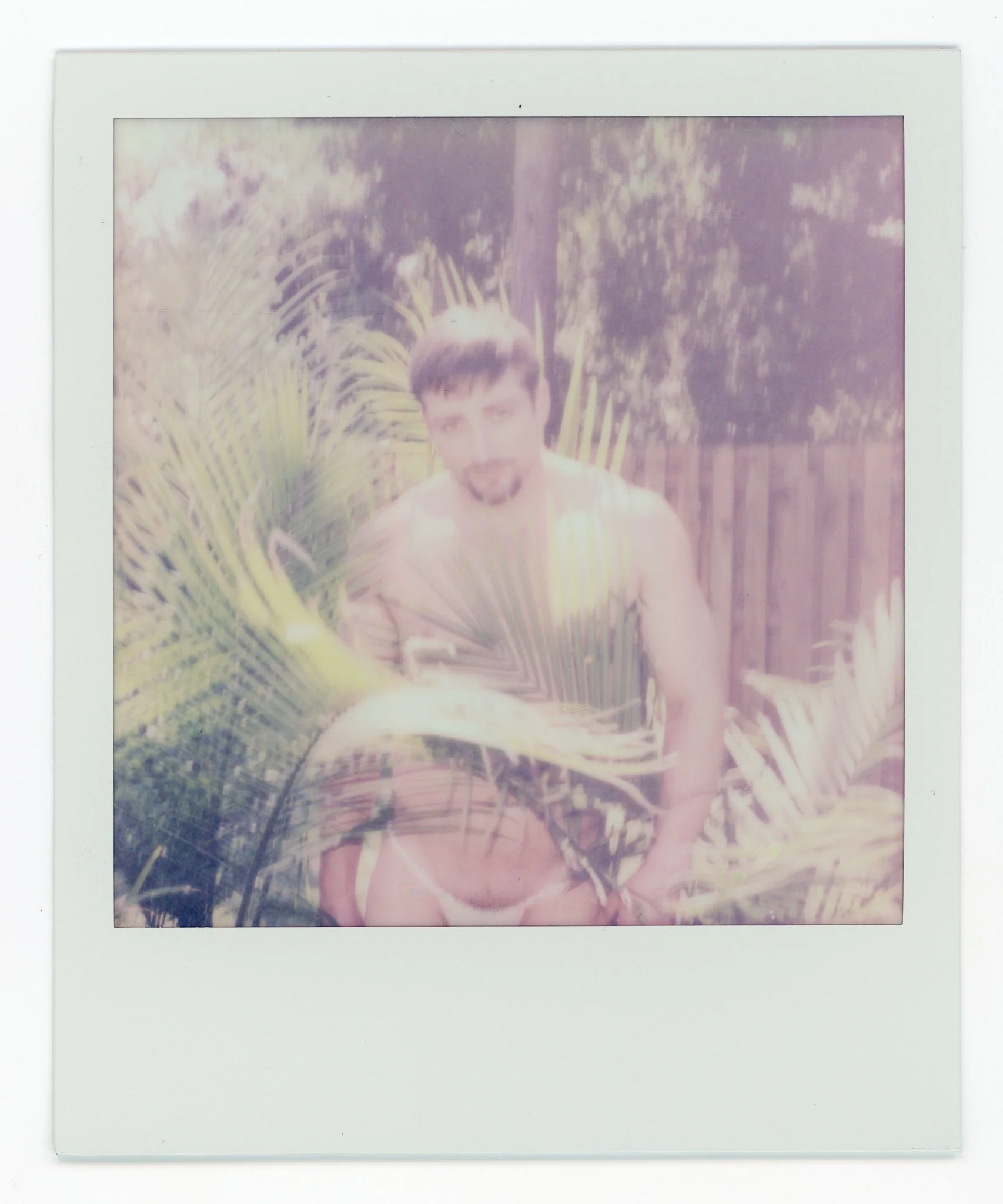 A Polaroid photo of a man crouching outdoors among palm leaves and trees, with a wooden fence in the background, captured in a faded, vintage style.