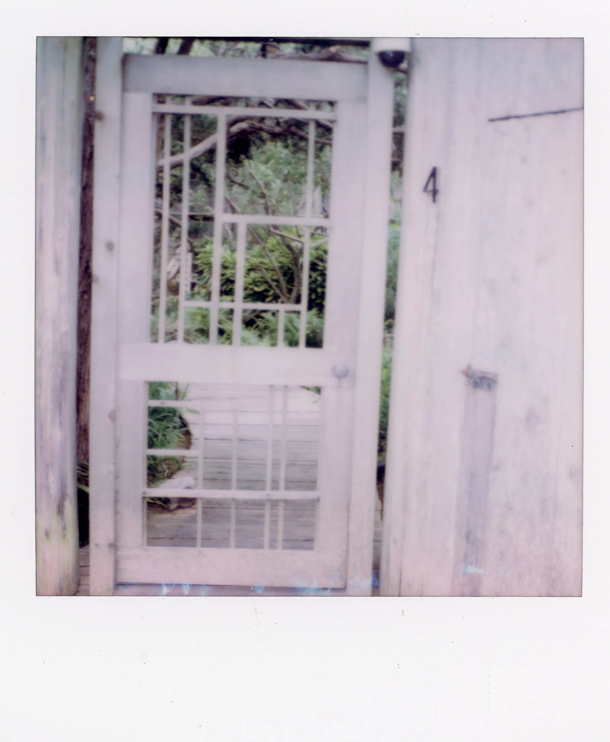 A white wooden gate with metal bars, numbered 4, leading to a garden with greenery and plants beyond.