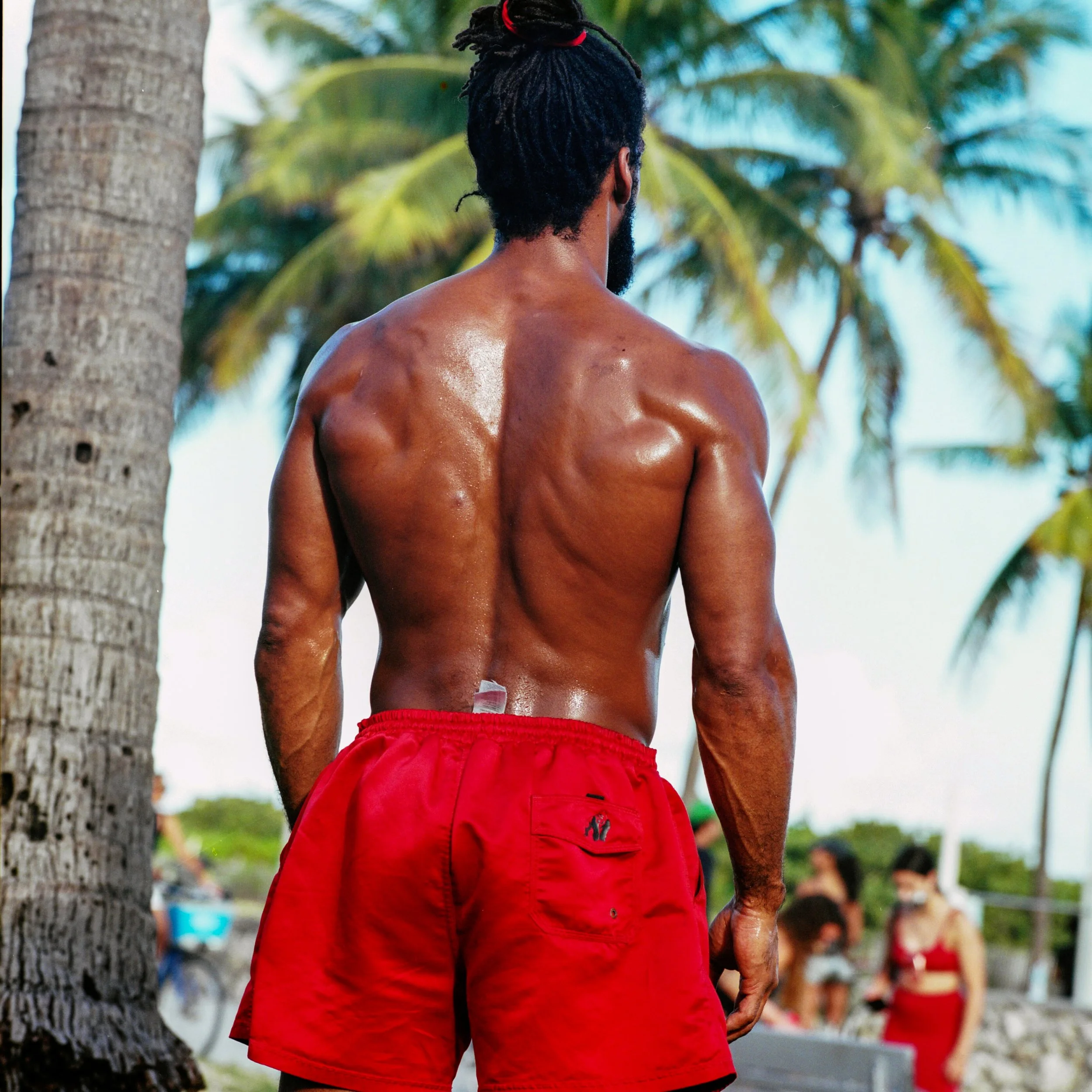 Back view of a shirtless man with dreadlocks, wearing red shorts, standing outdoors near palm trees.