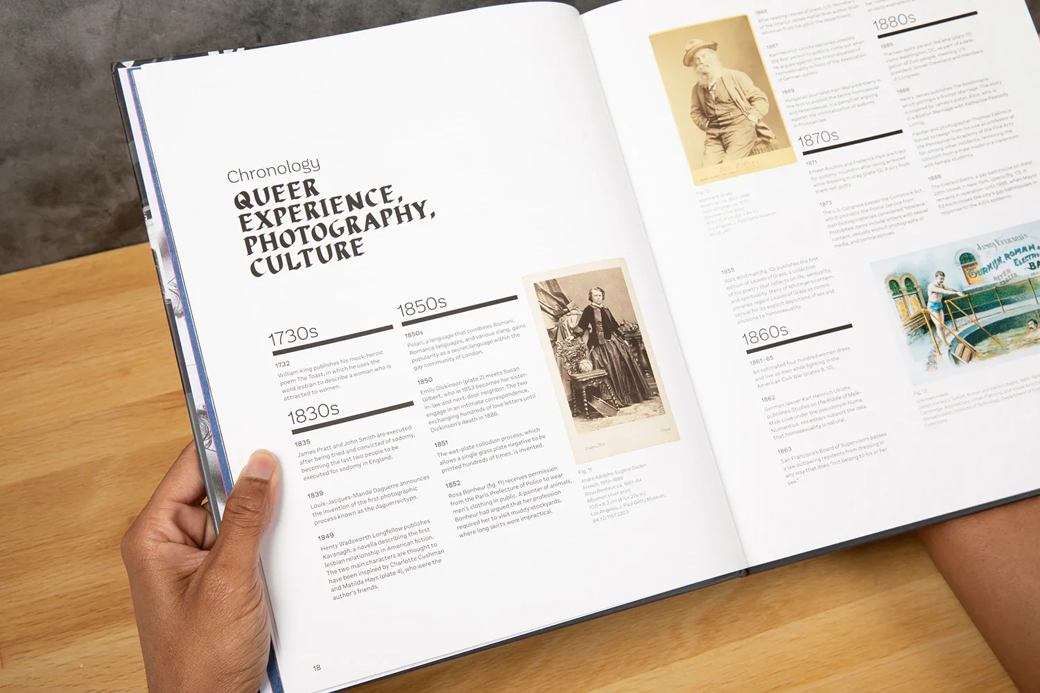 Open magazine page displaying a timeline titled 'Queer Experience, Photography, Culture' from 1730s to 1860s, with historical photos and descriptive text.
