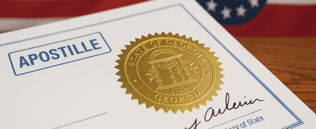 Close-up of a Georgia state seal on a white original document with a blue stamp labeled 'APOSTILLE' and a handwritten signature.