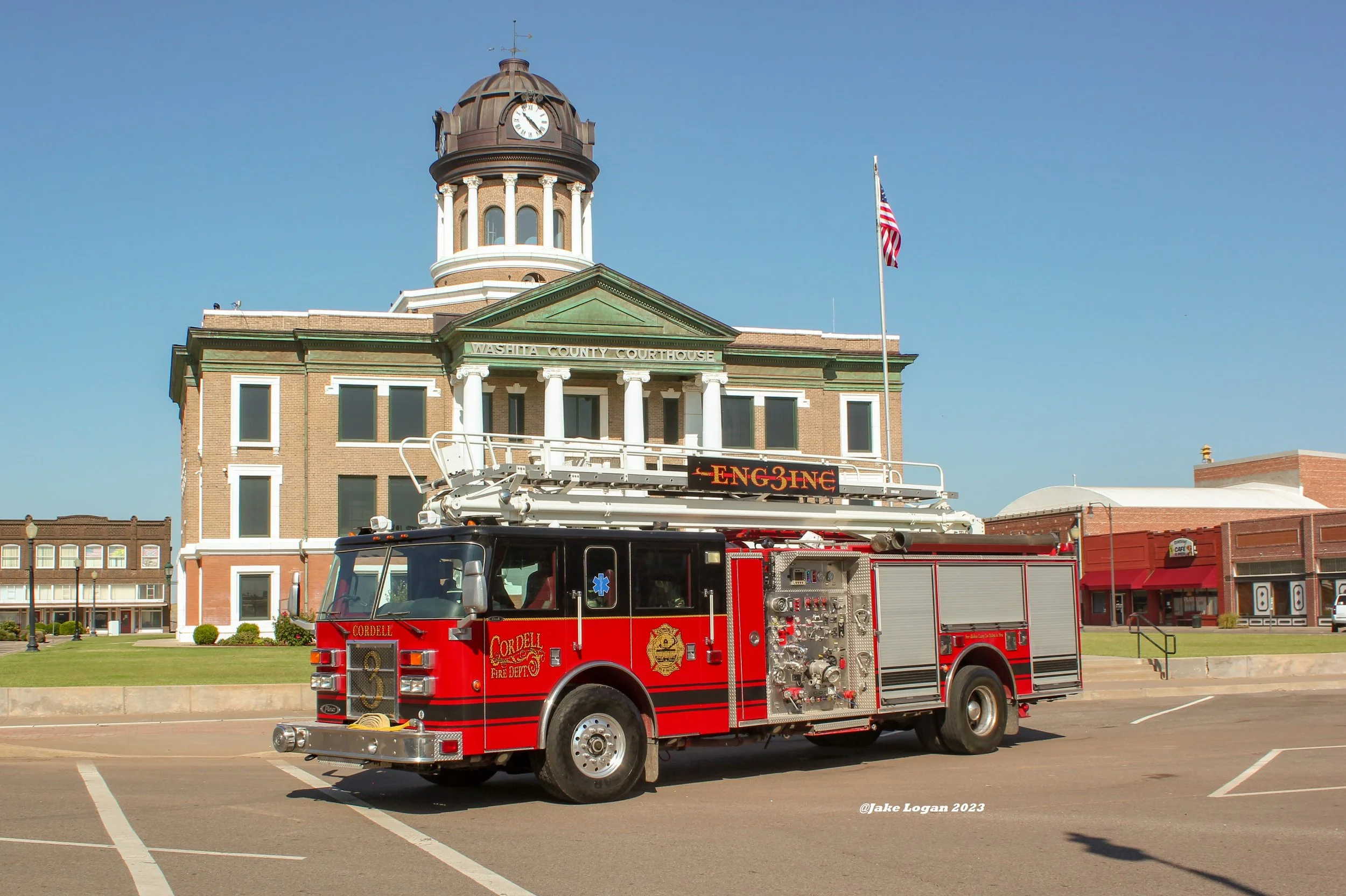 Engine 3 is second out for all in town fires. It is also second out for all wrecks, as it carries a set of hydraulic extrication tools and stabilization equipment. This truck now gives Cordell and surrounding towns an aerial device, as the closest on