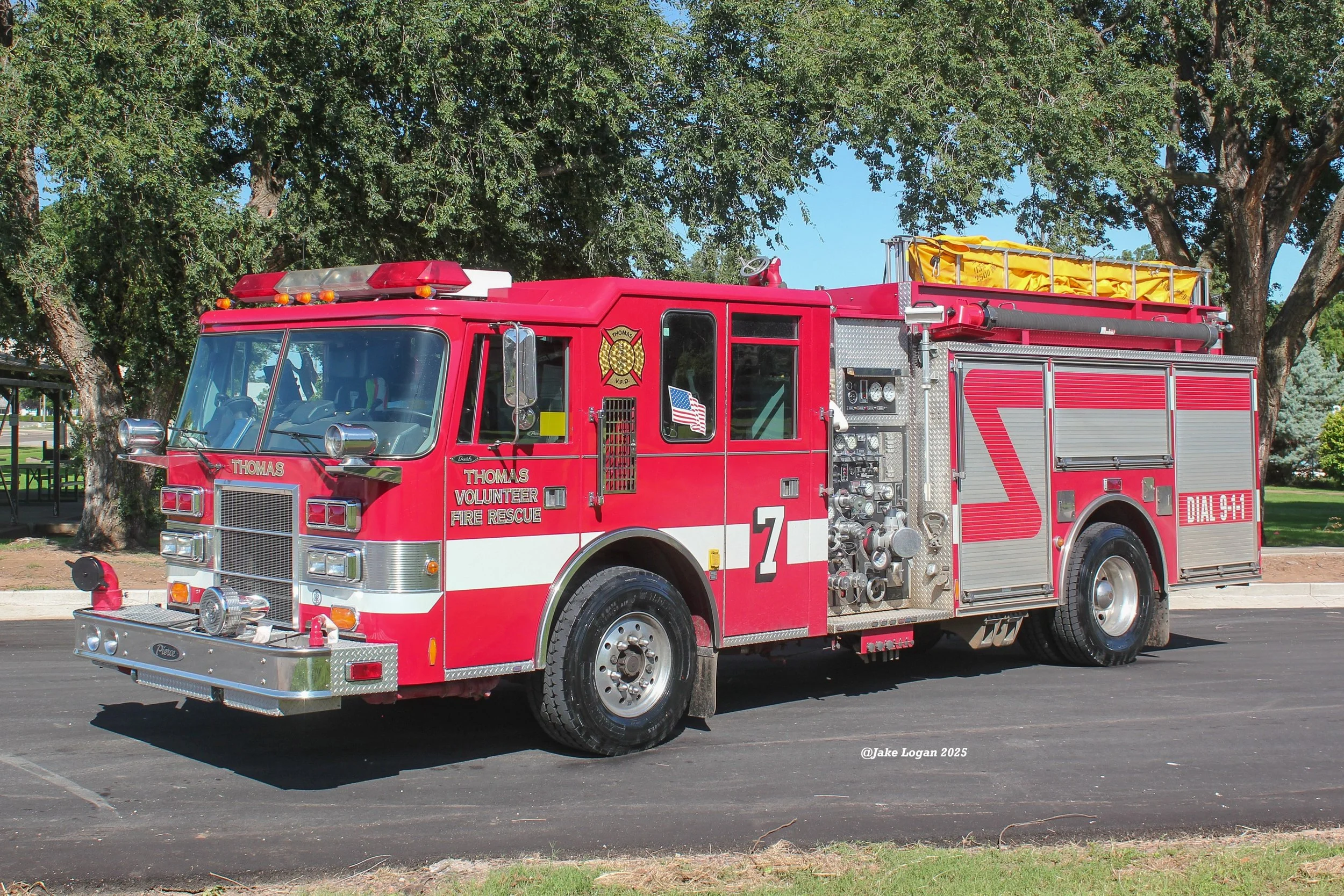 Engine 607 - 1997 Pierce Dash, Job #E-3610 - 1250 Waterous/1000 Tank - Diesel/Auto - ex-Catlett, VA
 
 
Purchased from Catlett, VA in 2014, Engine 607 is first out for all non-wildland fires for the department and is second out for accidents as it ca