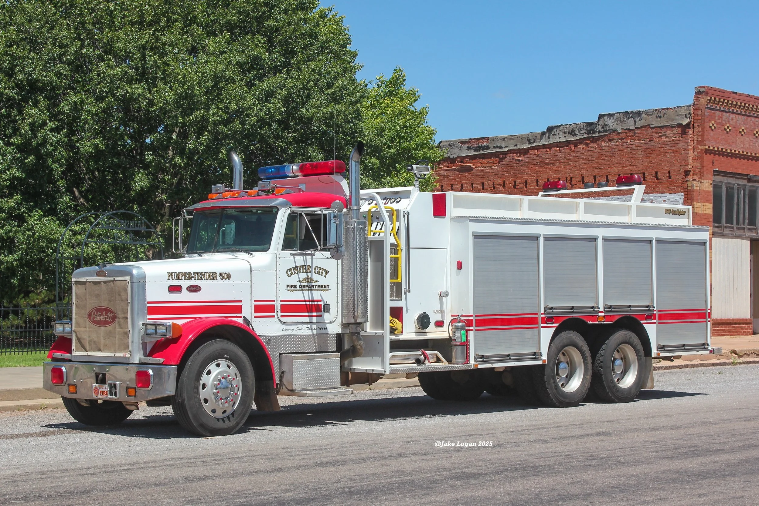 Pumper-Tender 500 - 1994 Peterbilt/2004 Blanchat - 750 Waterous/2500 Tank - Diesel/Manual
 
 
This beast of a truck acts as the departments primary tanker and is also second due pumper for out of town structure fires.