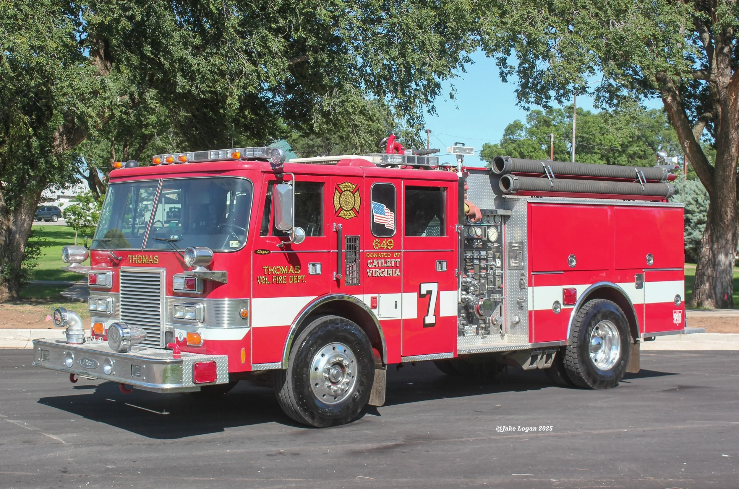 Engine 649 - 1989 Pierce Lance, Job #E-4798 - 1250 Waterous/750 Tank - Diesel/Auto - ex-Catlett, VA
 
 
Donated by Catlett, VA in 2023, Engine 649 is second out for all structure fires and will also respond to in town mutual aid requests.