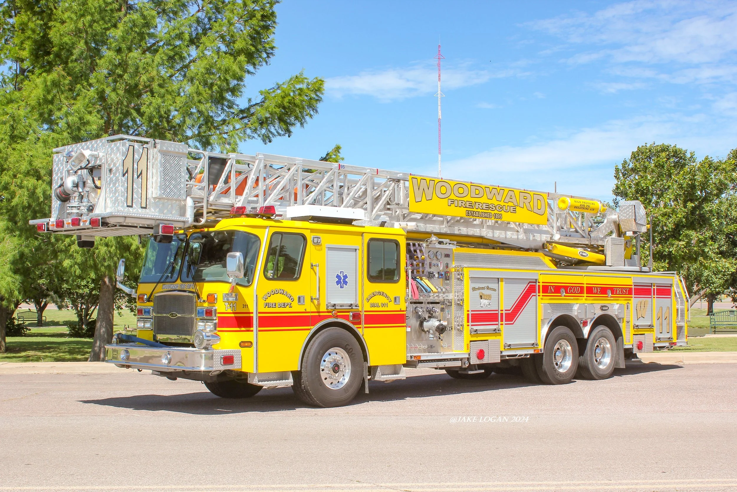 Truck 11 - 2011 E-One, S.O. 136695 - 1750 Hale/300 Tank/95’ Tower - Diesel/Auto
 
 
Truck 11 responds second due with Engine 9 to all working fires within city limits. Truck 11 is the only aerial device in Woodward County, with the next closest being