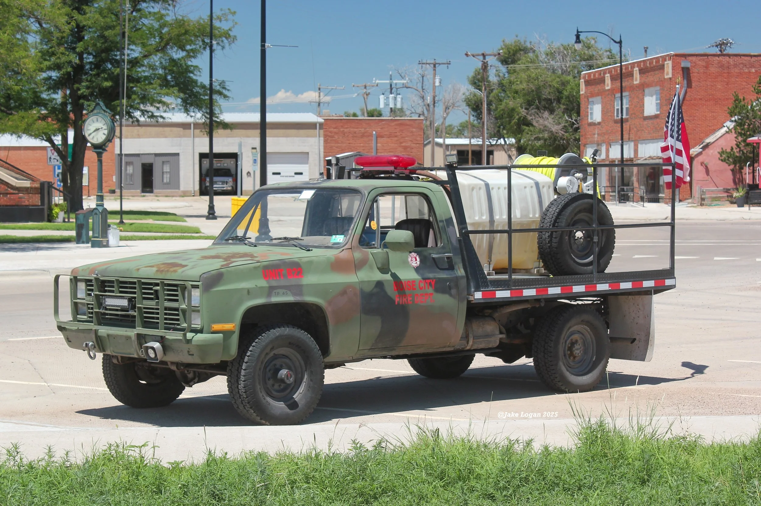 Unit 22 - 1985 Chevy 3500/2008 BCFD - 100 IPT/300 Tank - Diesel/Auto
 
 
Unit 22 is usually last out for grass fires. The cab and chassis was received through forestry, hence the camo paint job.