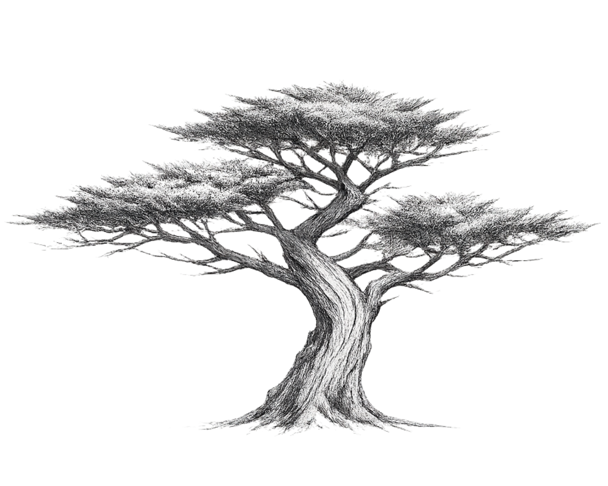A detailed black and white drawing of a large, sprawling tree with a thick trunk and wide canopy.