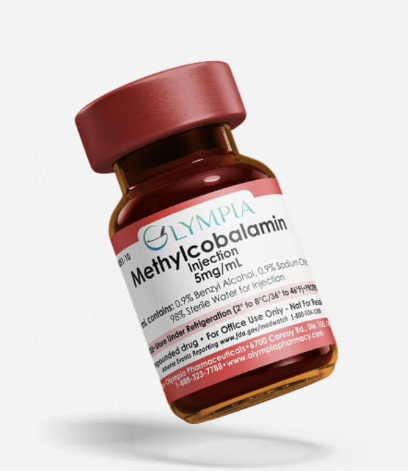 A healthcare worker with purple gloves draws red liquid from a vial into a syringe.