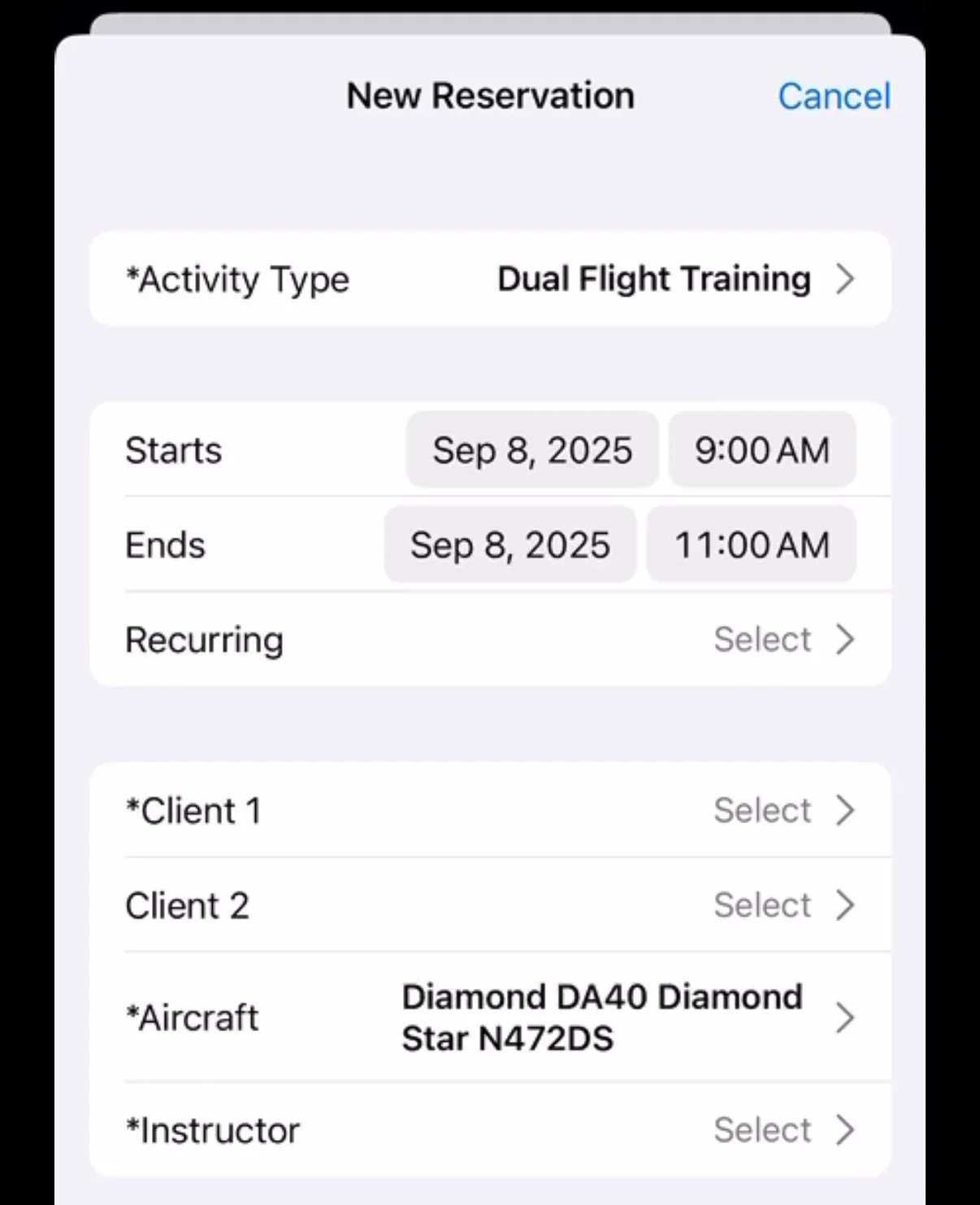Mobile app interface for scheduling a new reservation for a dual flight training activity, including start and end date/time, client and instructor selection, and aircraft information.
