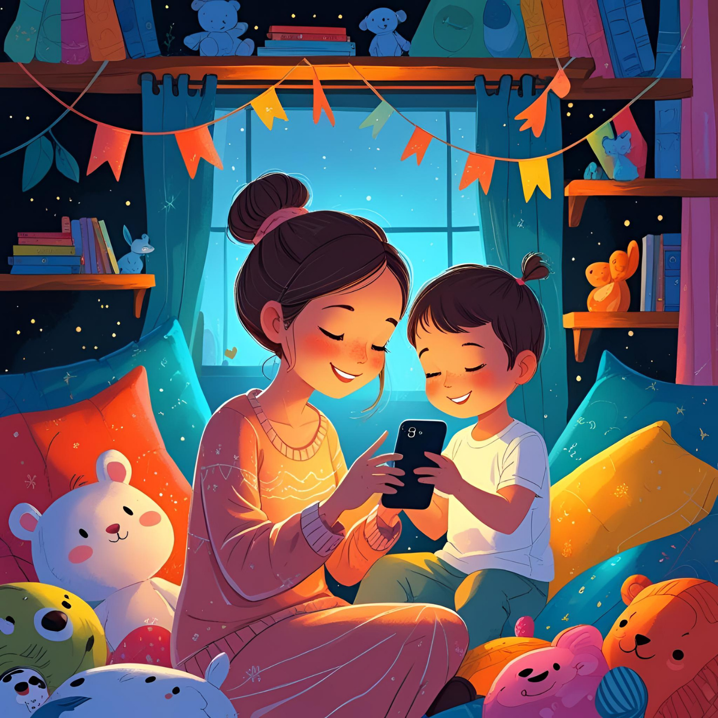 A mother and young child sitting on a bed at night, looking at a smartphone and smiling. The room is decorated with stuffed animals, toys, and books, with a window showing a starry sky in the background. They are reading books on a smartphone.