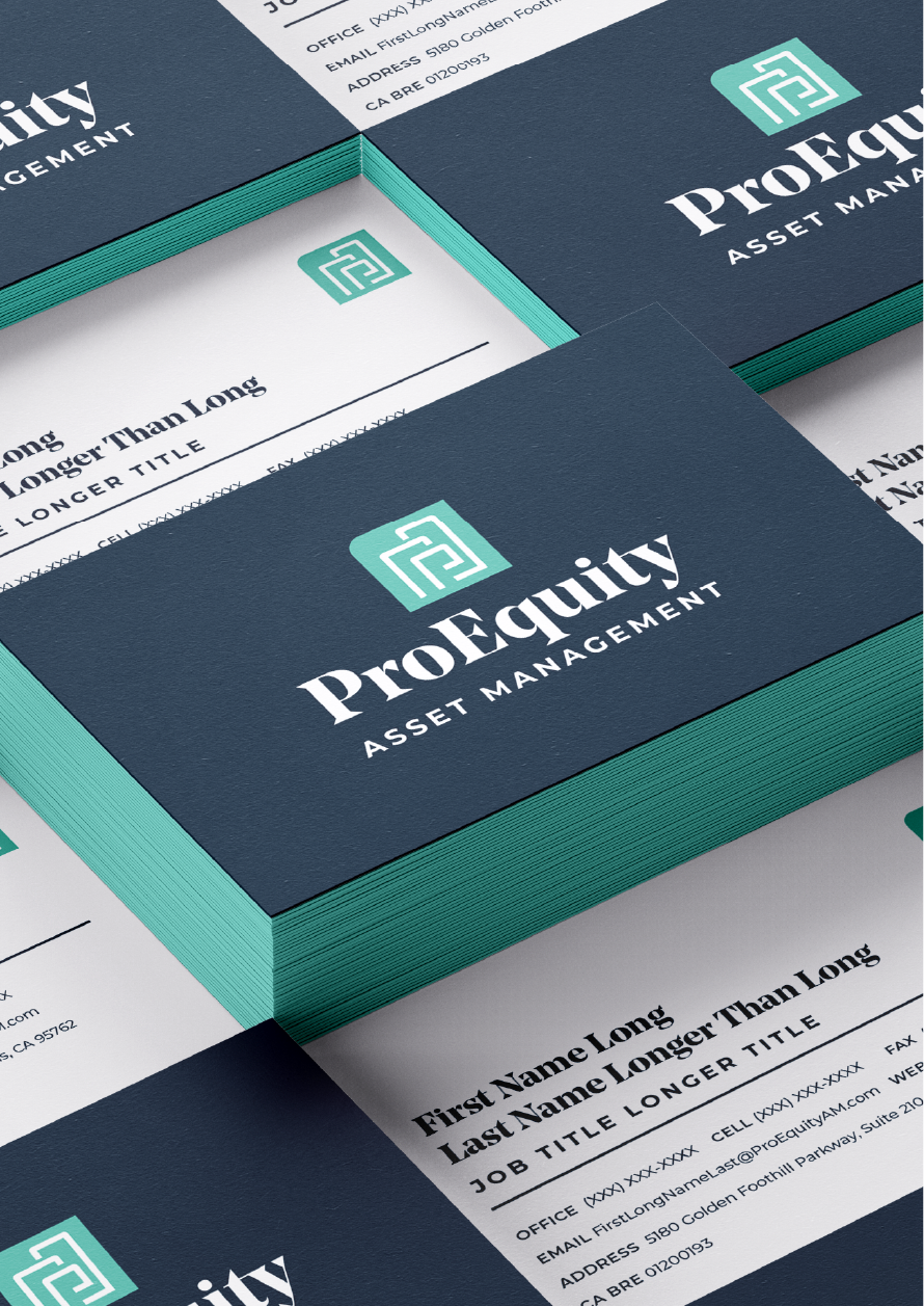 Stacks of business cards with a dark blue and teal color scheme and 'ProEquity Asset Management' branding.