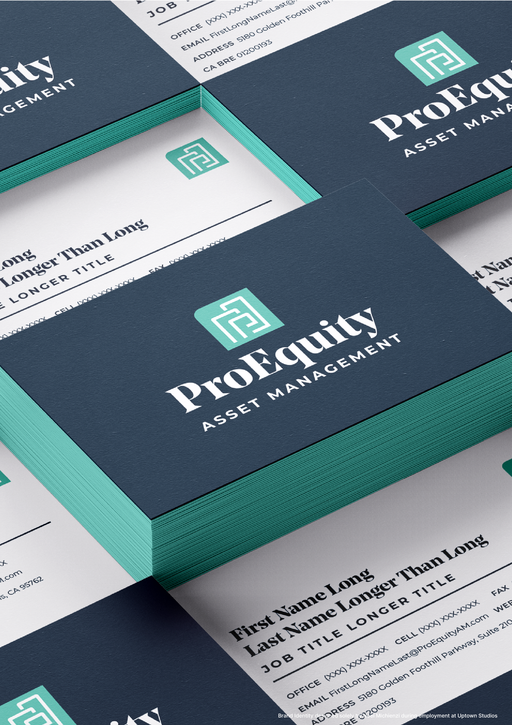 Stack of professional business cards for ProEquity Asset Management with a dark blue background and a teal logo.