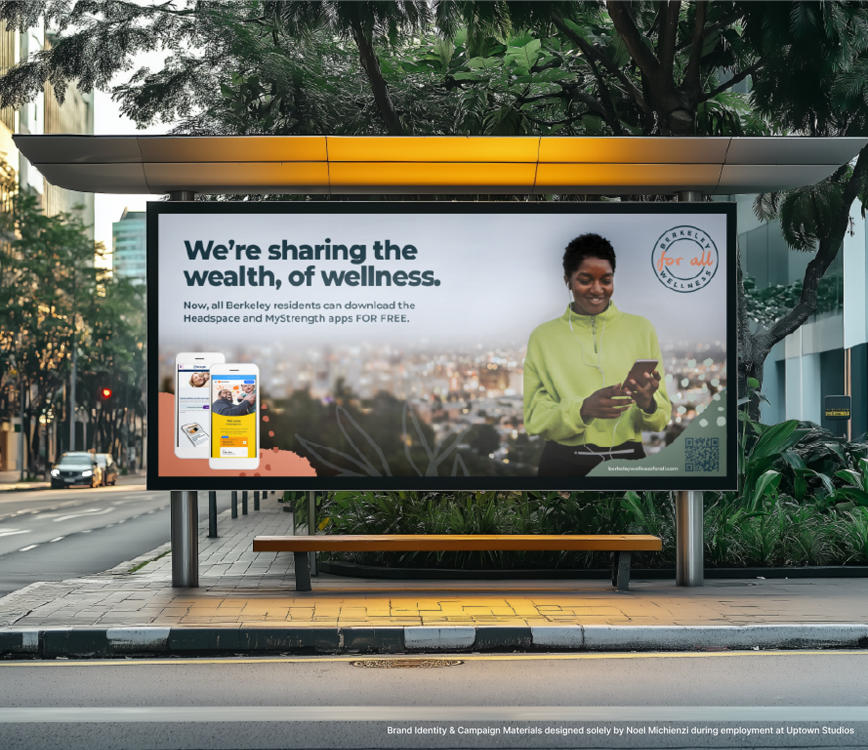 Digital billboard on a city sidewalk promoting wellness app for Berkeley residents, featuring a woman using her phone and a cityscape background.