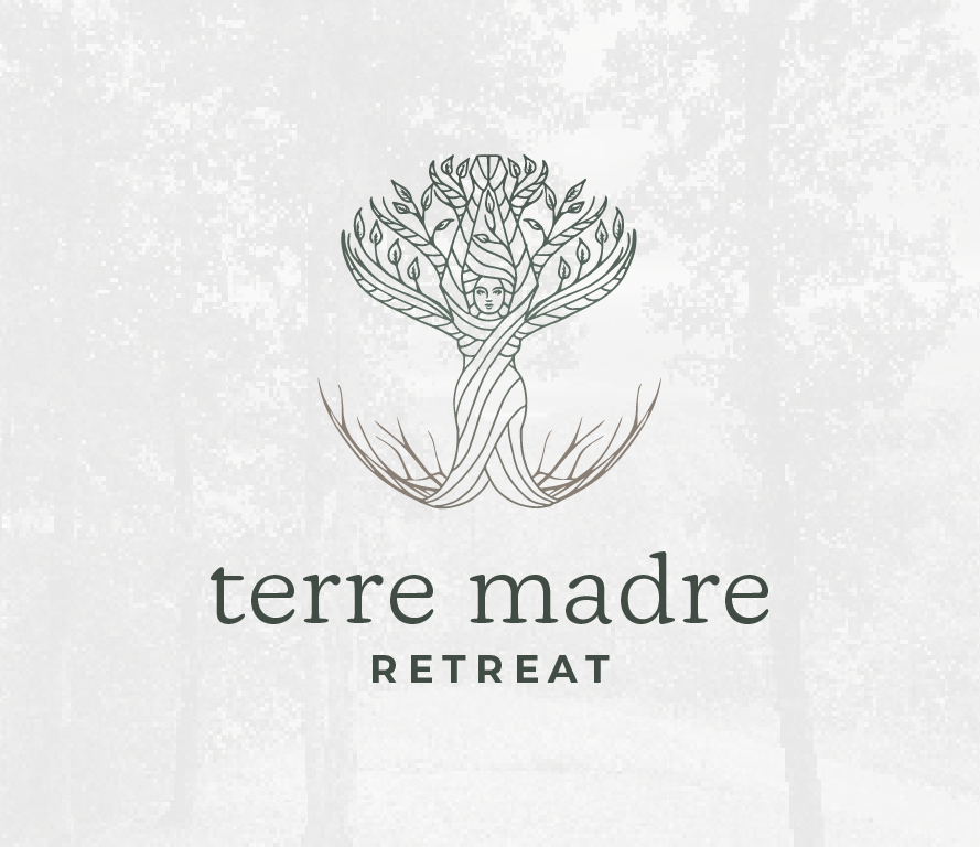 A stylized illustration of a tree with a woman's face integrated into the trunk, green leaves, and roots. The text "terre madre RETREAT" is below the tree.