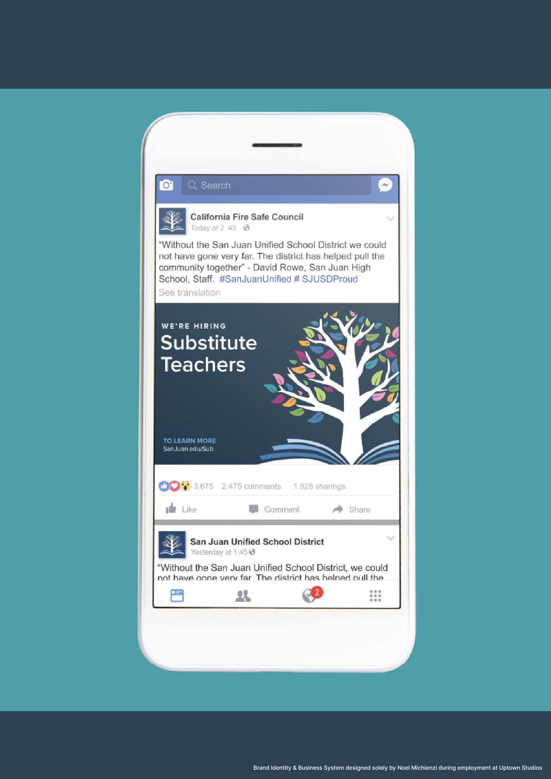 A smartphone displaying a Facebook post from California Fire Safe Council about hiring substitute teachers, with a graphic of a colorful tree over an open book in the background.