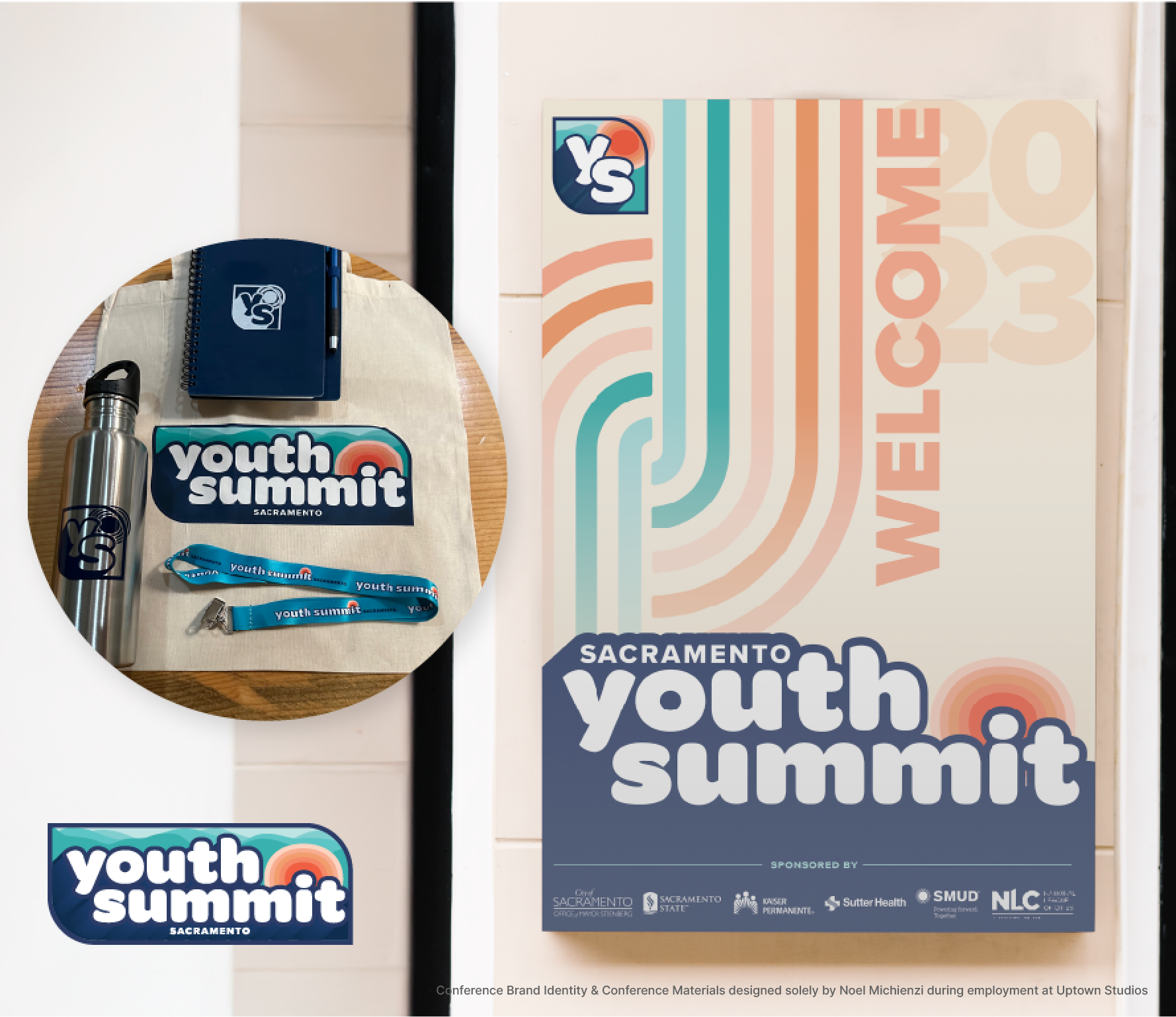 Display of Youth Summit Sacramento conference materials including a water bottle, lanyard, notebook, and stickers, alongside a large poster for the youth summit event.