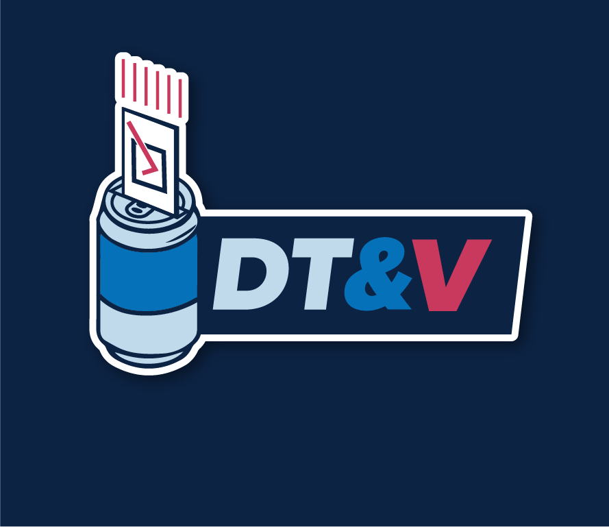 Logo with a soda can, a coin slot, and a sticker that says 'DT&V' in blue and red colors.