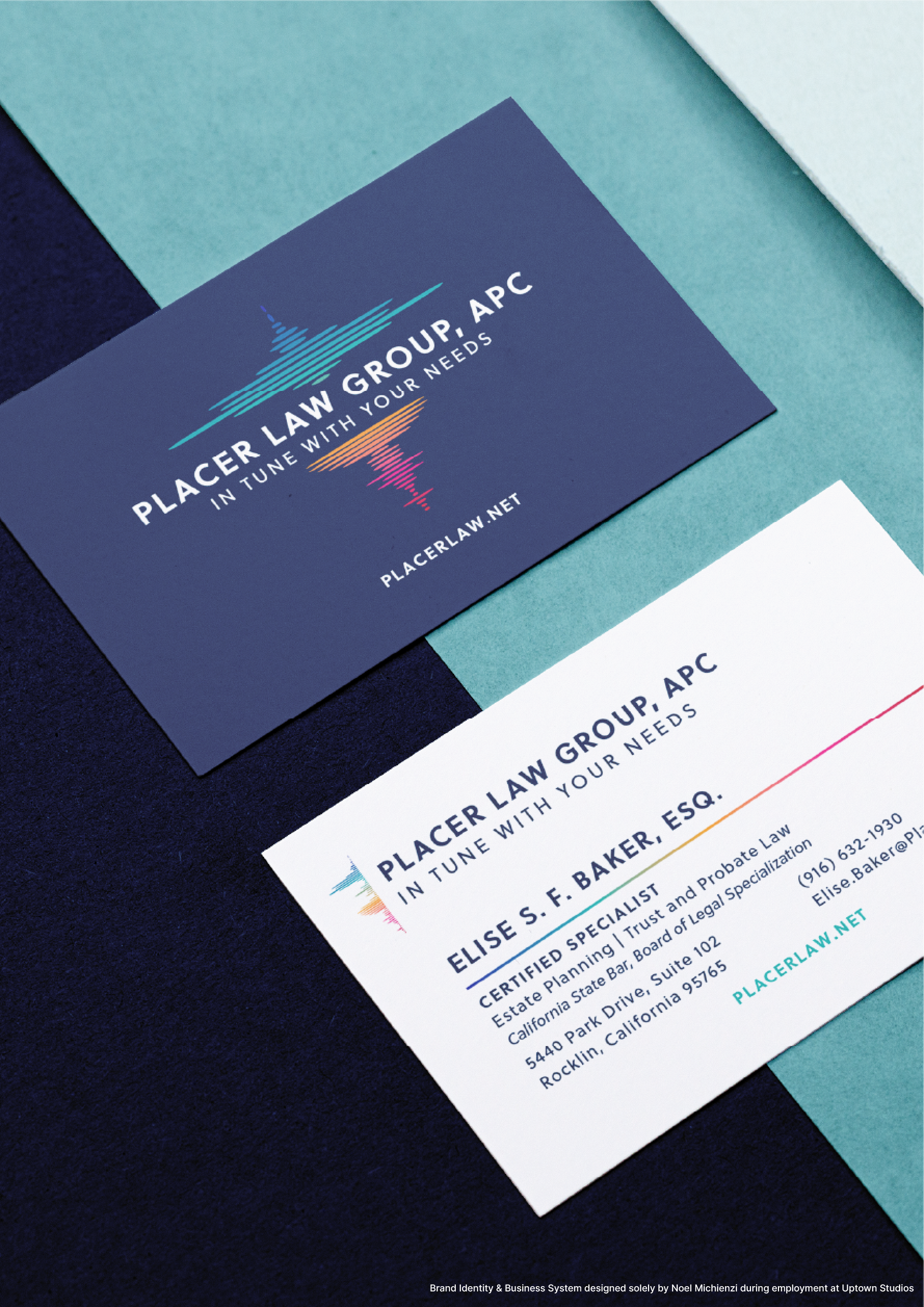 Business card and logo for Placer Law Group, APC, with the slogan "In Tune With Your Needs" and the website placerlaw.net, placed on colorful paper backgrounds.