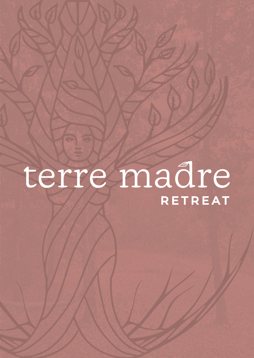 Cover of a retreat program titled "terre mère RETREAT" with a pink background and a line drawing of a woman with a face and hair forming branches and leaves.