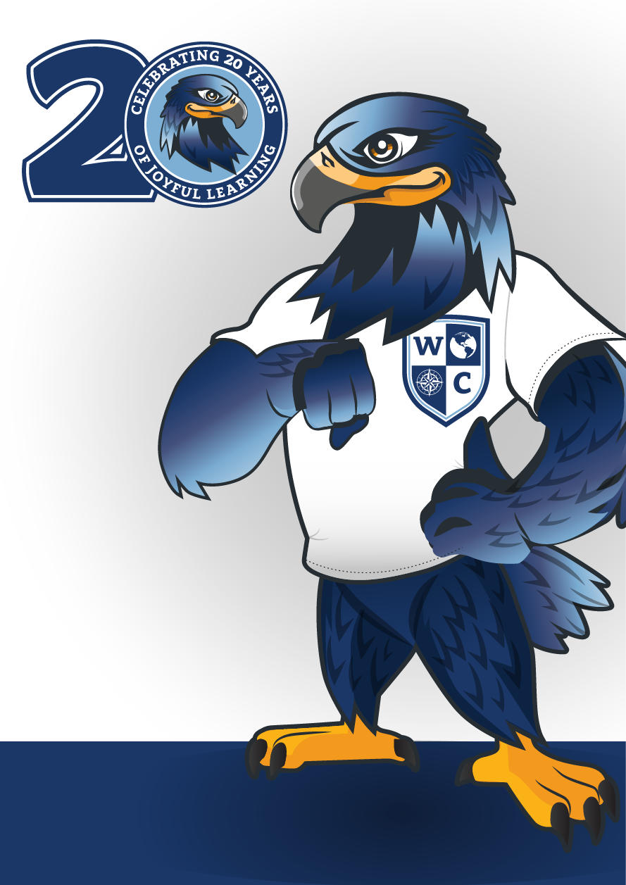 Illustration of a blue eagle mascot wearing a white shirt with a crest, standing with a confident pose. The crest has the letters 'W C' and a globe. The background features a large number 20 with a circular emblem reading 'Celebrating 20 Years of Joy