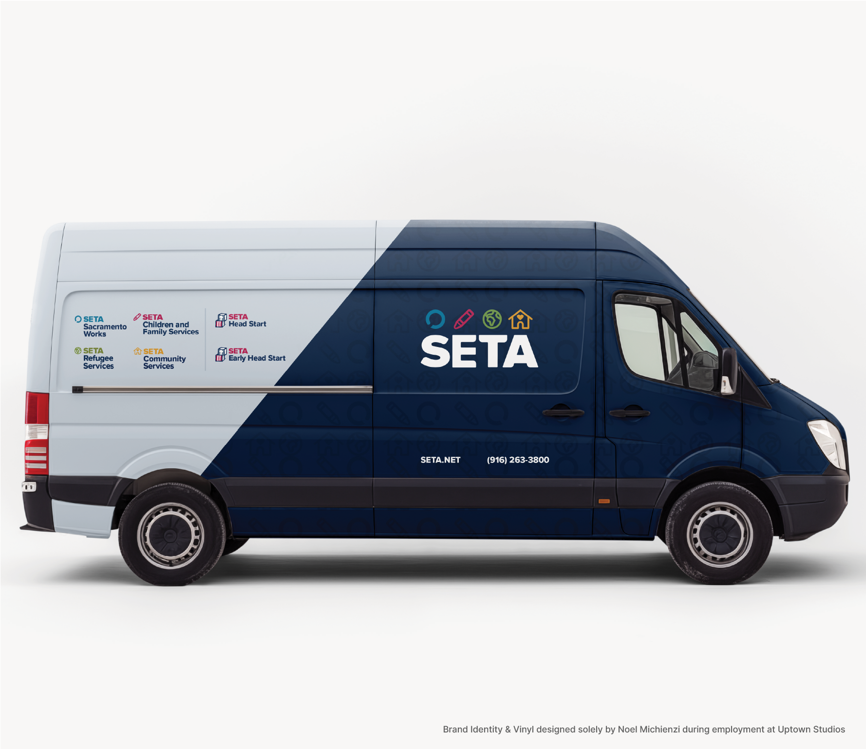 A blue and white branded delivery van for SECA with various service icons and contact information on the side.