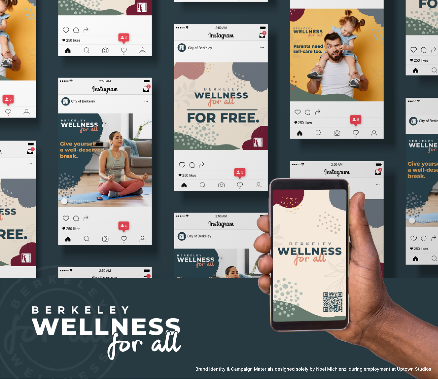 Digital collage promoting Berkeley Wellness for All with images of people practicing yoga, close-up of a person's hand holding a smartphone displaying a QR code, and promotional messages about free wellness programs.