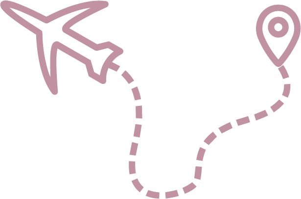 Illustration of an airplane with an dashed flight path leading to a location pin.