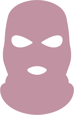 A simplified illustration of a person wearing a purple ski mask covering their face, with only the eyes and mouth visible.