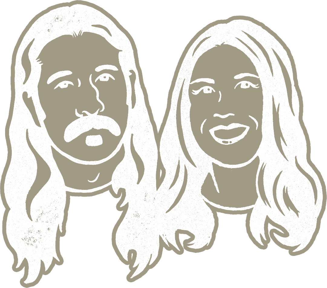 Line drawing of a man with long hair and a mustache smiling and a woman with wavy hair smiling.