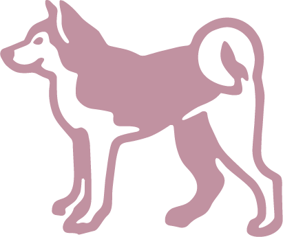 Stylized silhouette of a dog facing left with a curled tail