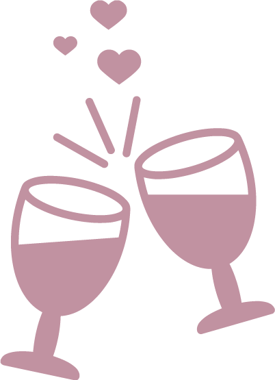 Two wine glasses clinking with three floating hearts above, in a minimalistic, pale purple style.