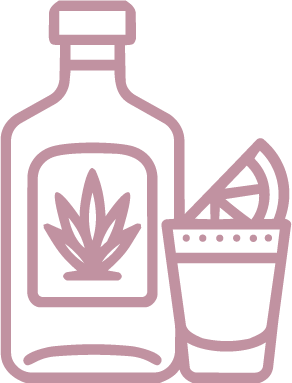 Outline drawing of a bottle with a plant symbol and a glass with a lemon wedge.