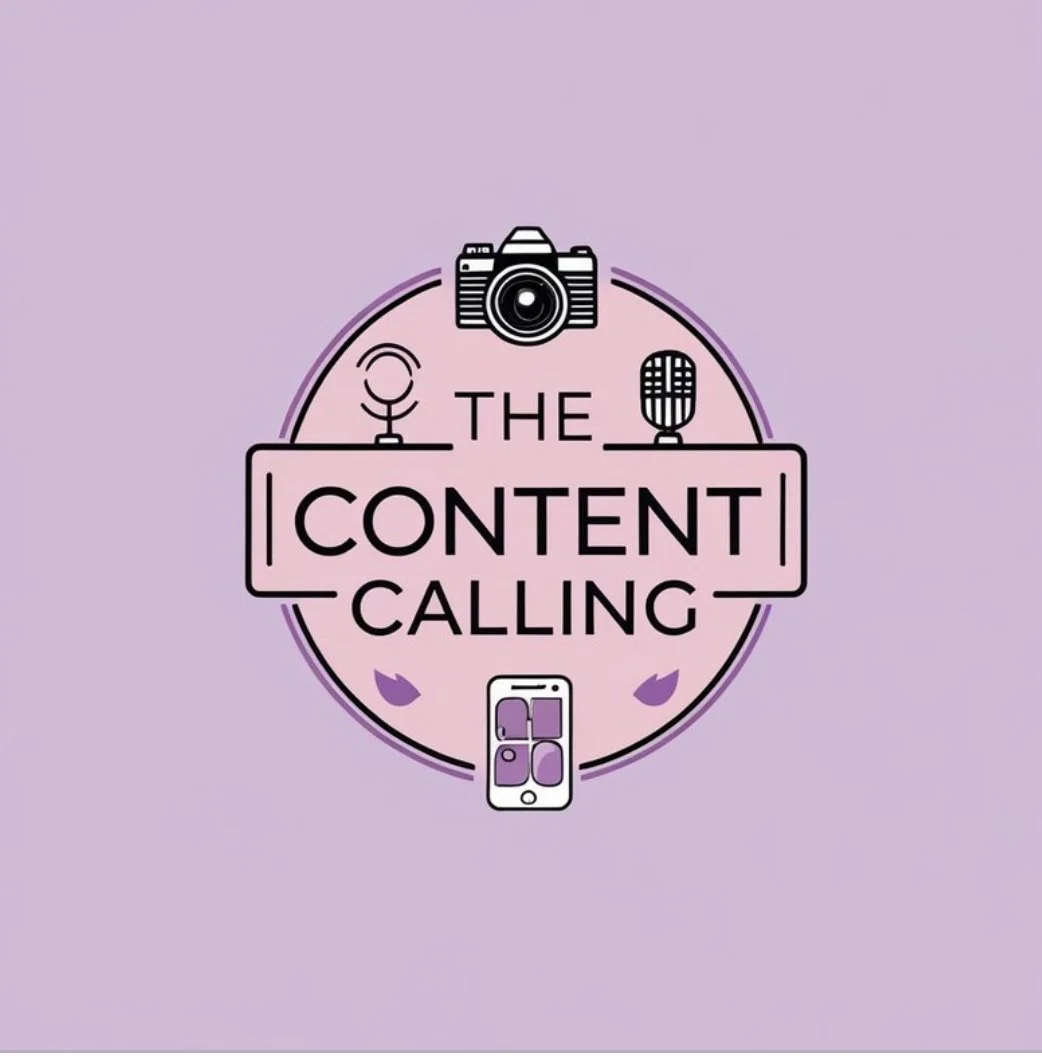 Logo for 'The Content Calling' featuring icons of a camera, microphone, radio, and smartphone on a light purple background.