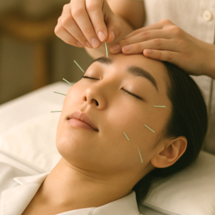 image of facial acupuncture received by youthful asian female for illustrative purpose