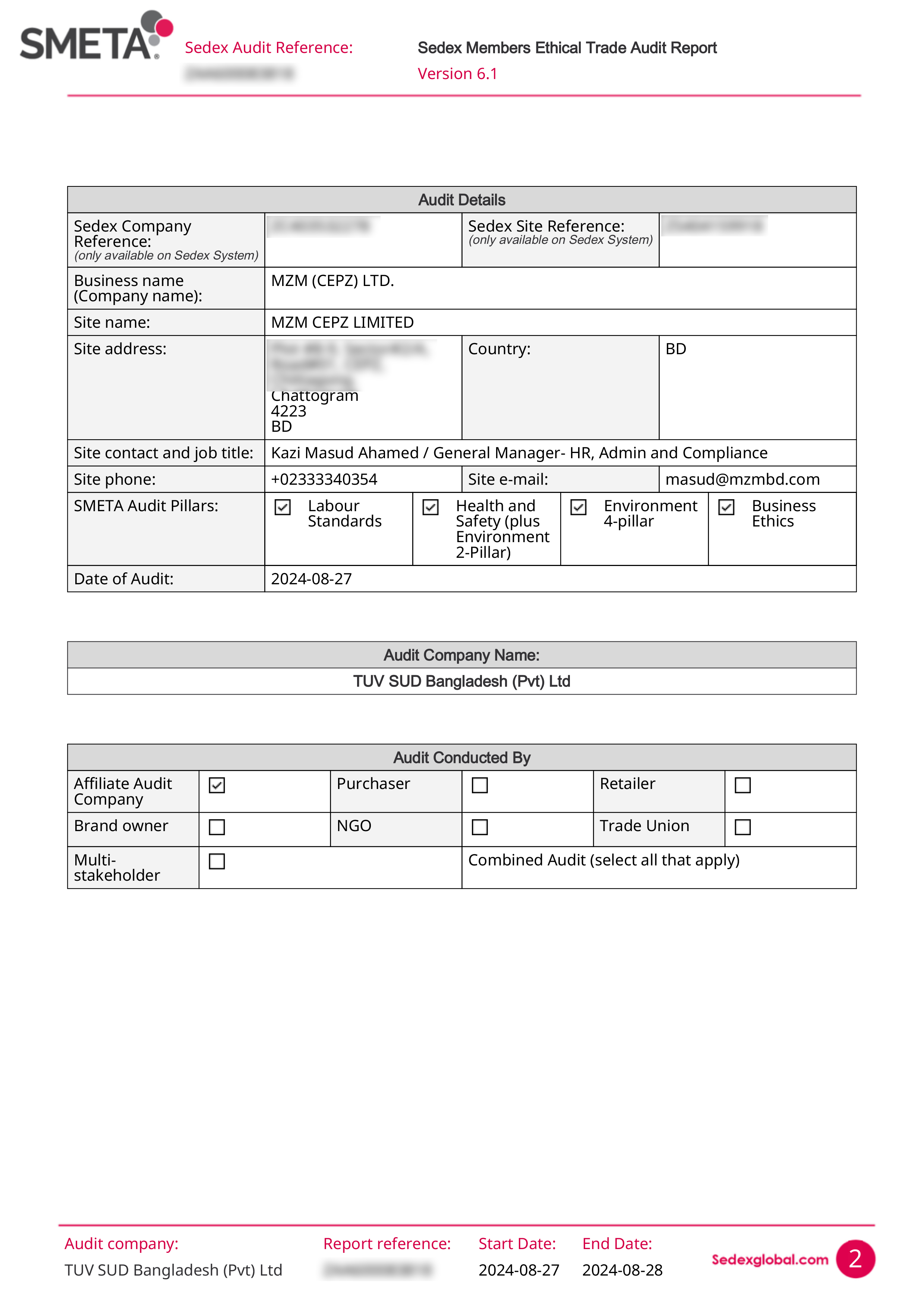 Sedex Members Ethical Trade Audit Report form with details including company name, address, contact info, audit date, audit company, and audit conductors. The top left features the Sedex logo and audit reference, with highlighted sections for audit pillars and company information.