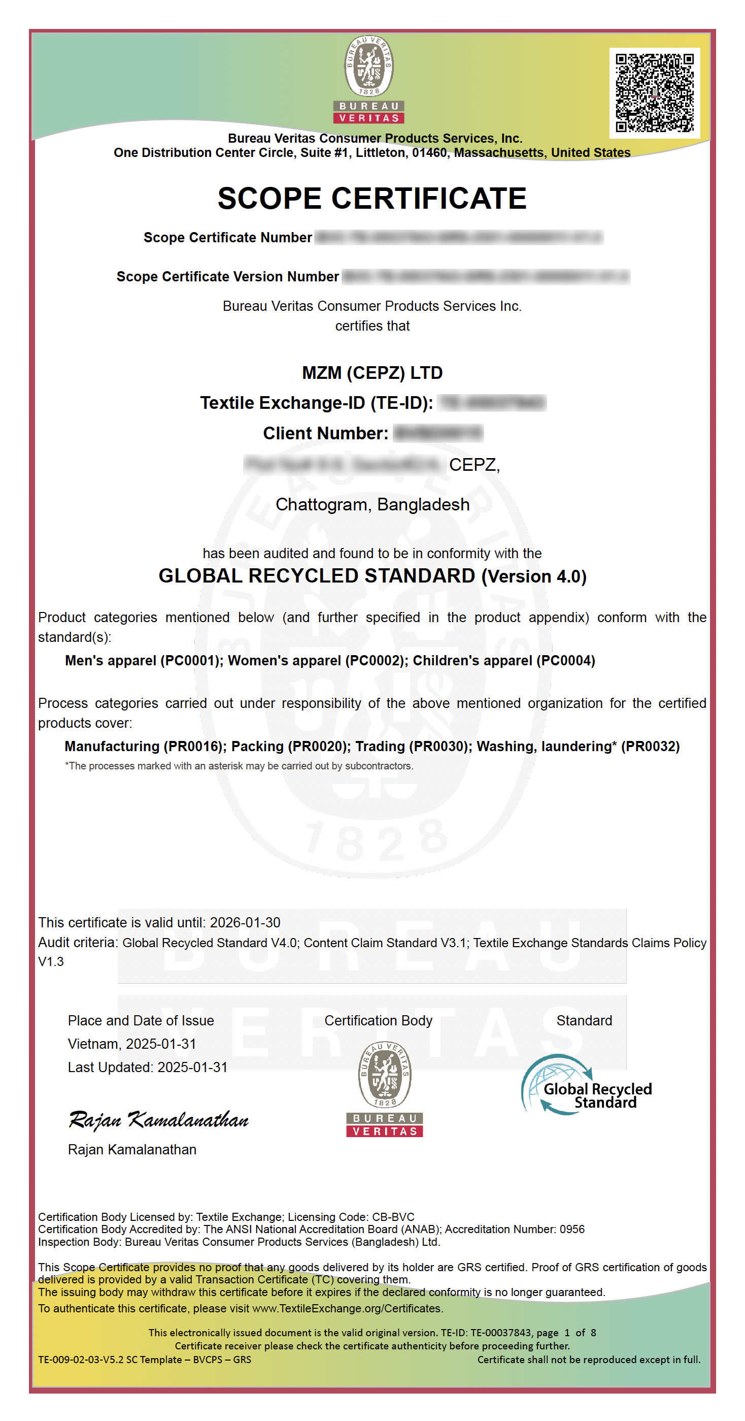 A scope certificate issued by Bureau Veritas for MZM (CEZ) LTD, confirming compliance with the GLOBAL RECYCLED STANDARD (Version 4.0). The certificate includes details such as client number, plot number, location in Chattogram, Bangladesh, and process categories like manufacturing, packing, trading, washing, and laundering. It states the certificate is valid until January 30, 2026, and is signed by Rajan Kamalanathan.