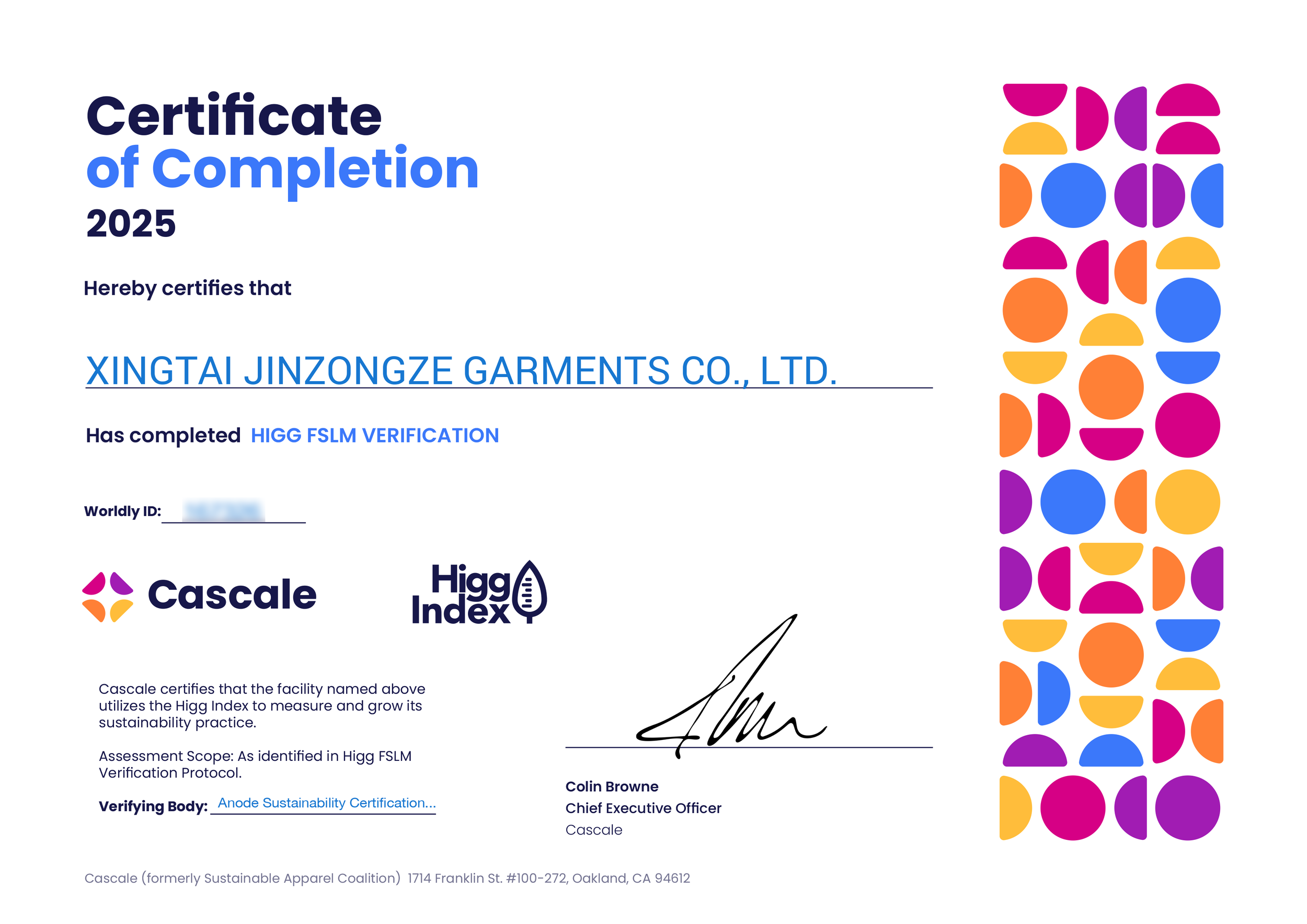 Certificate of completion awarded to Xingtai Jinzongze Garments Co., Ltd., for completing HIGG FSLM verification in 2025. The certificate features the Cascale and Higg Index logos, a signature from Colin Browne, and a colorful geometric border on the right side.