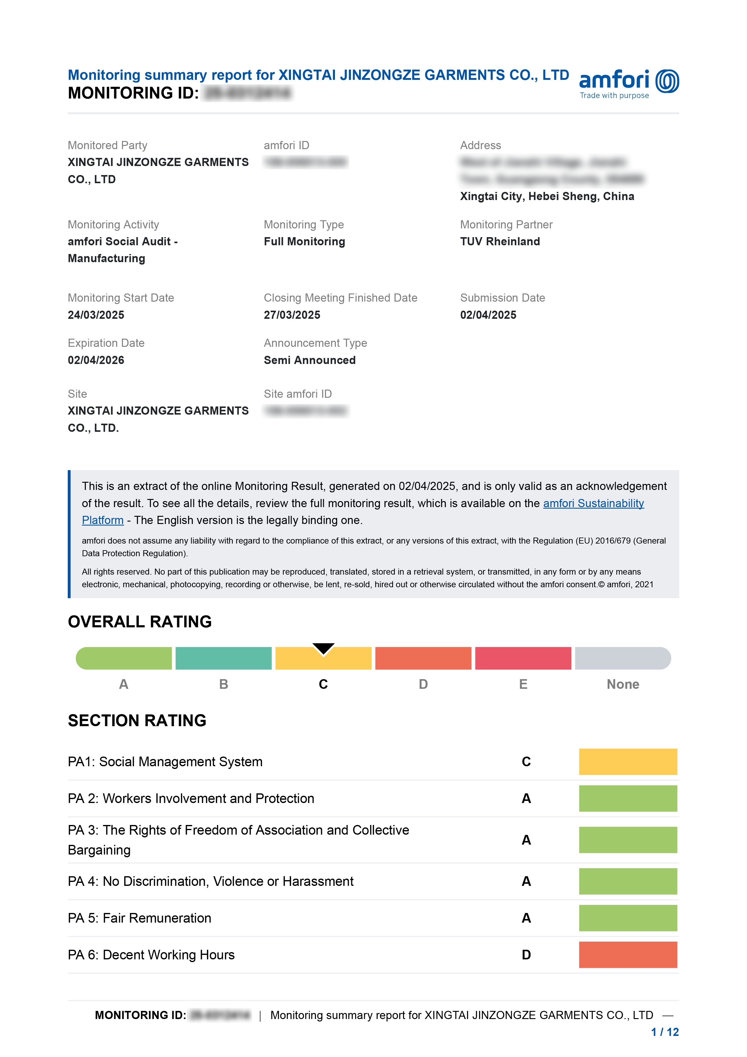 Screenshot of a monitoring report for Xingtai Jinlongze Garments Co. Ltd, including dates, ratings, and a summary of the audit conducted on March 24-27, 2025.