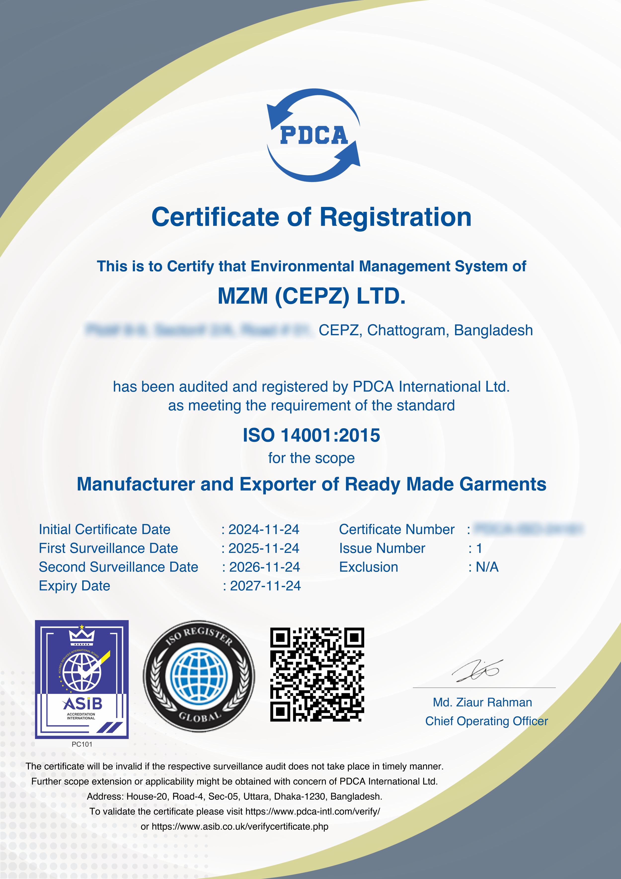 Certificate of registration for MZM (CEZ) LTD, awarded by PDCA International Ltd, confirming ISO 14001:2015 compliance for manufacturing and exporting ready-made garments, with certificate details and signatures.