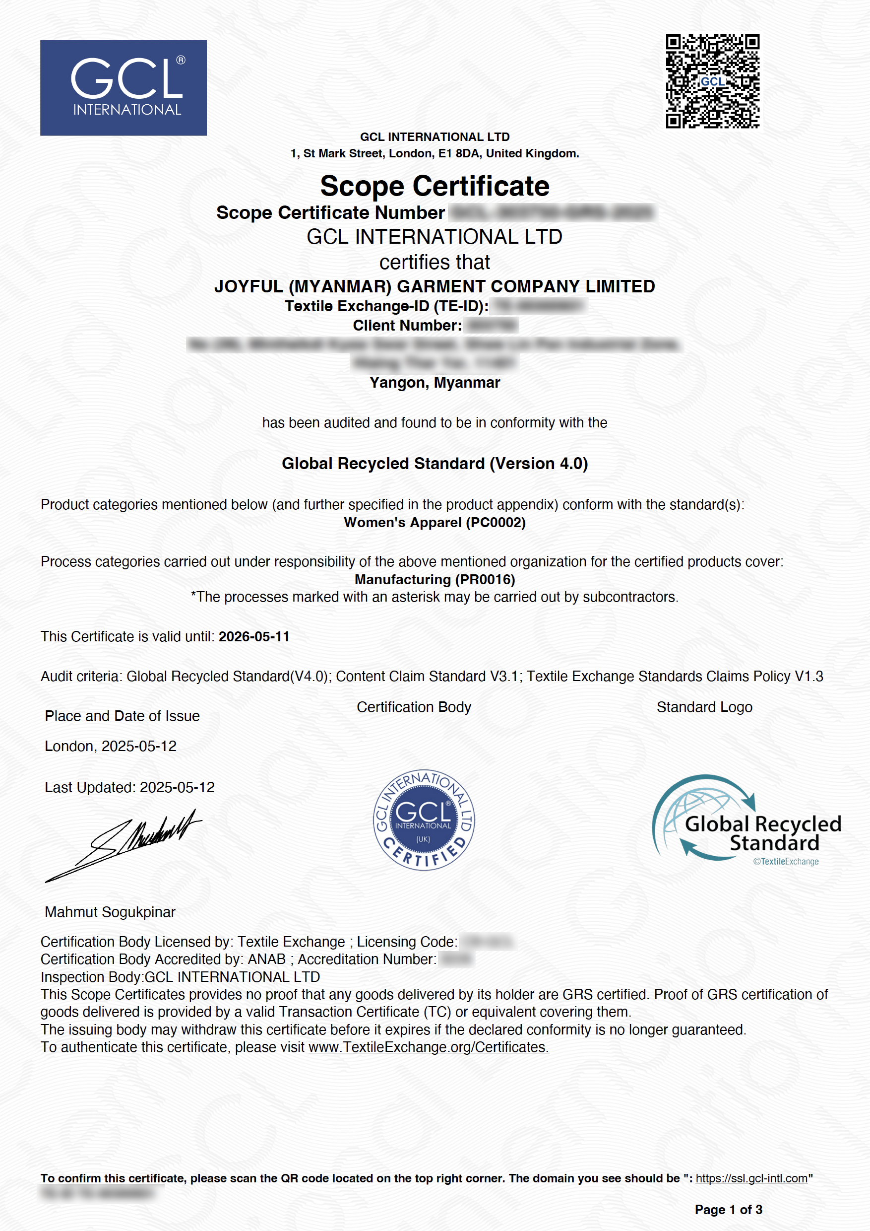 Scope certificate issued to Joyful Myanmar Garment Company Limited by GCL International, verifying compliance with Global Recycled Standard (Version 4.0) for women's apparel, valid until 2026-05-11, issued in London on 2025-05-12, with official signatures, stamps, and a QR code in the top right corner.
