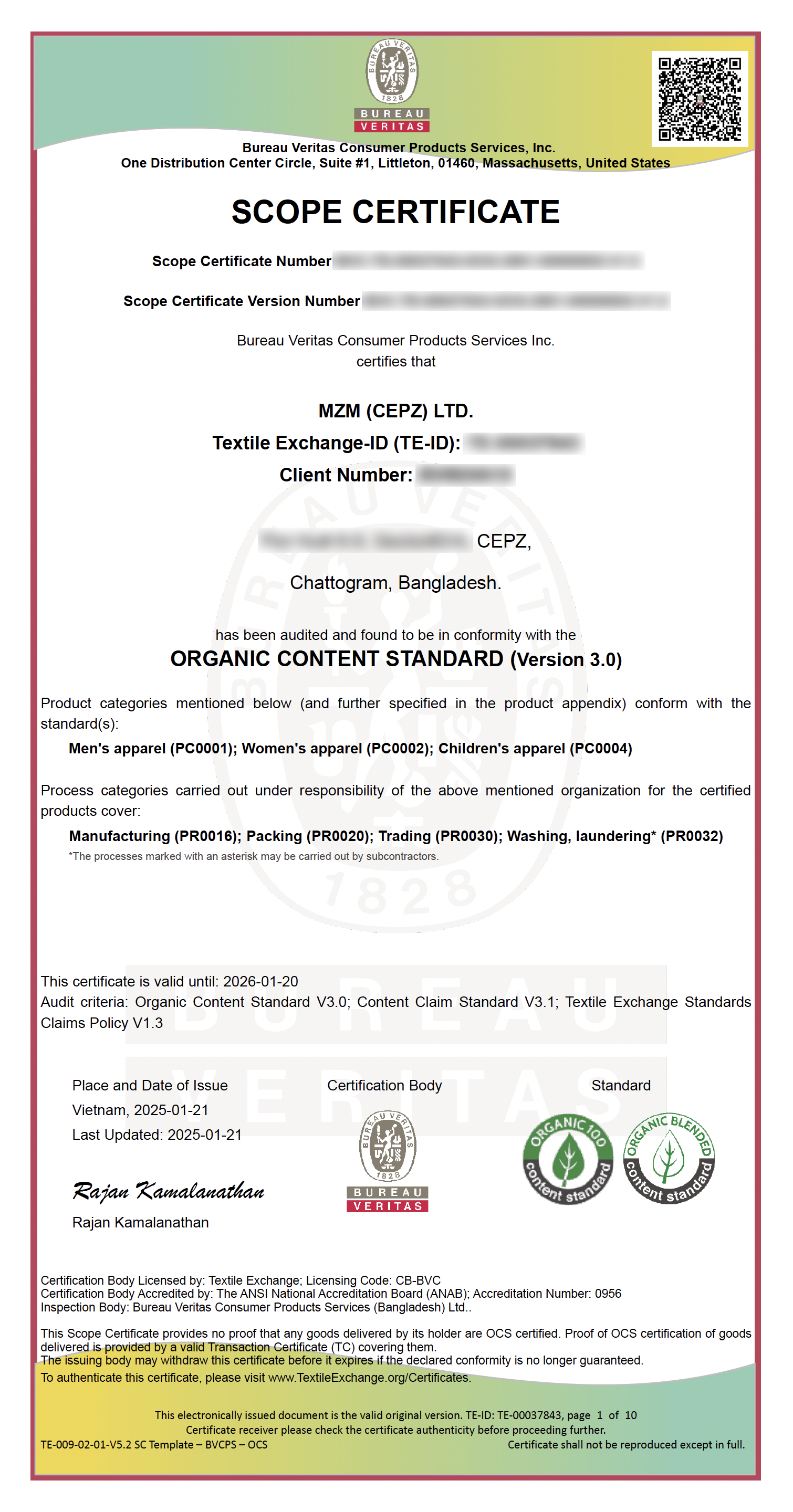 Scope certificate document issued by Bureau Veritas, confirming organic content standards compliance for MZM (CEPZ) LTD., located in Chattogram, Bangladesh. The certificate states the scope, standards, validity until January 20, 2026, and includes signatures, logos, and QR code.